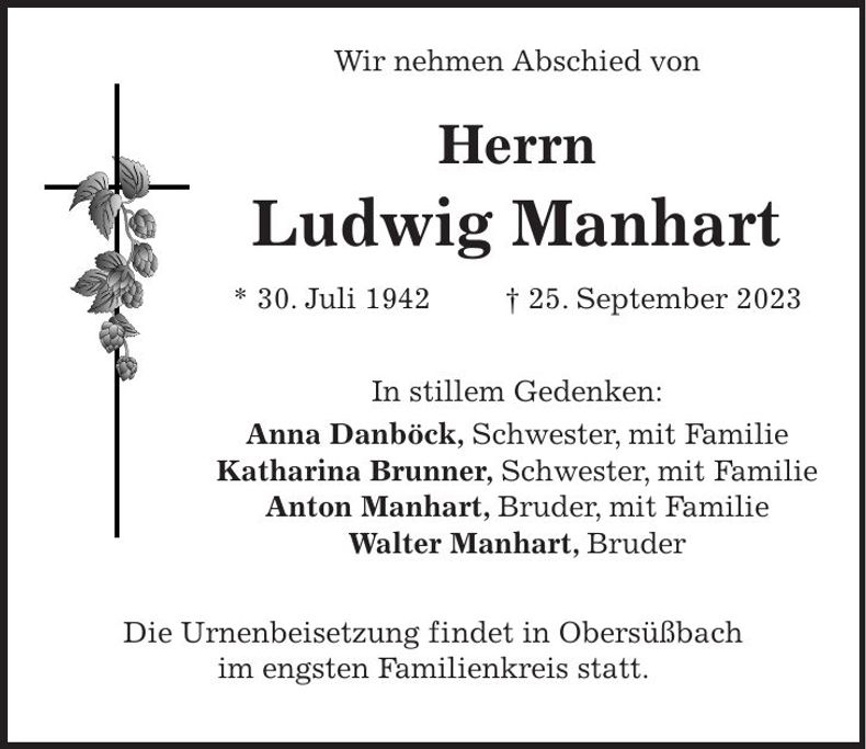 Traueranzeige Ludwig Manhart