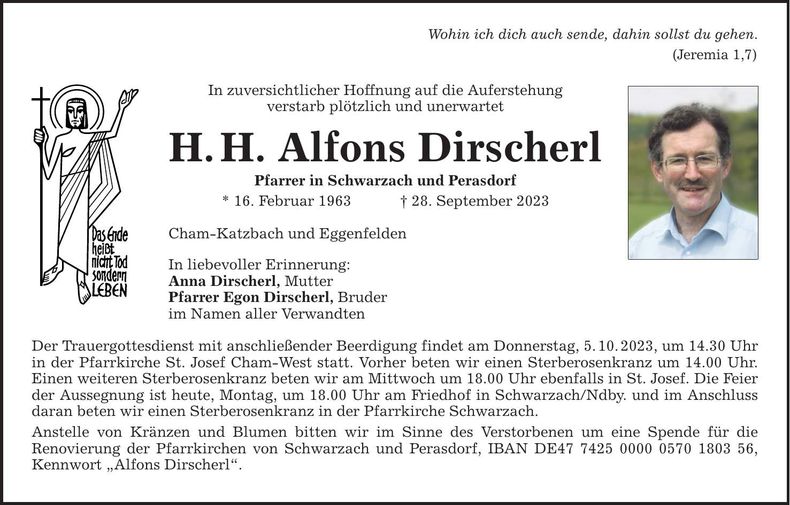 Traueranzeige Alfons Pfarrer Dirscherl