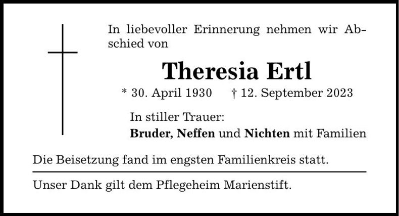 Traueranzeige Theresia Nagler