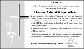 Traueranzeige Ade Wittenzellner