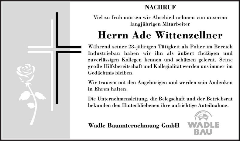 Traueranzeige Ade Wittenzellner