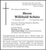 Traueranzeige Willibald Schütz