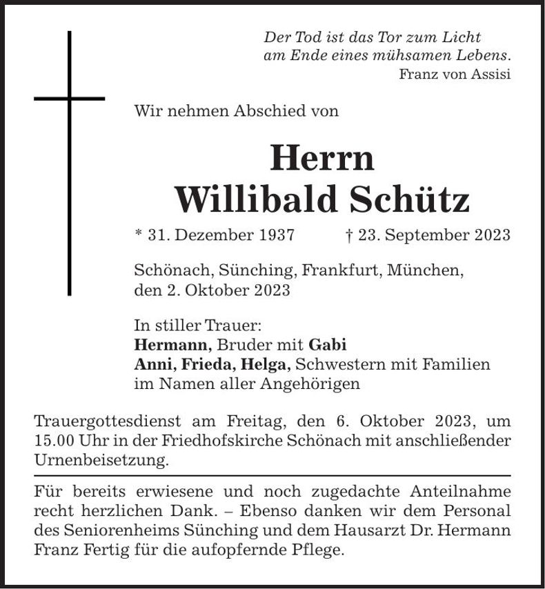 Traueranzeige Willibald Schütz