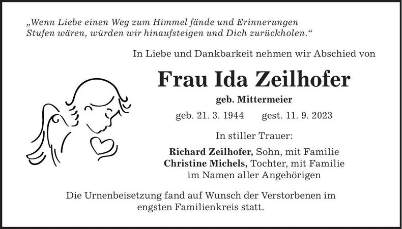 Traueranzeige Ida Zeilhofer