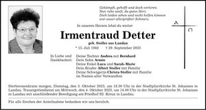 Traueranzeige Irmentraut Detter