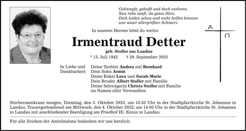 Traueranzeige Irmentraut Detter