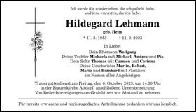 Traueranzeige Hildegard Lehmann