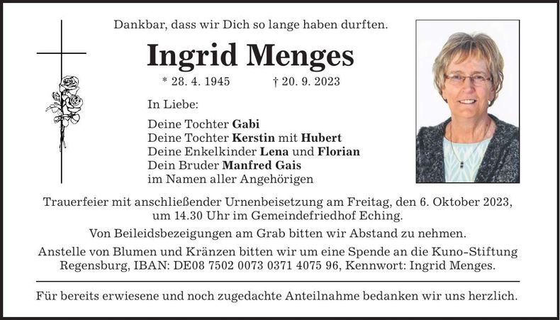 Traueranzeige Ingrid Menges