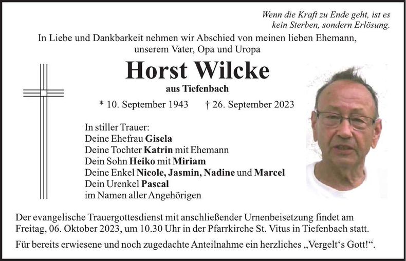 Traueranzeige Horst Wilcke