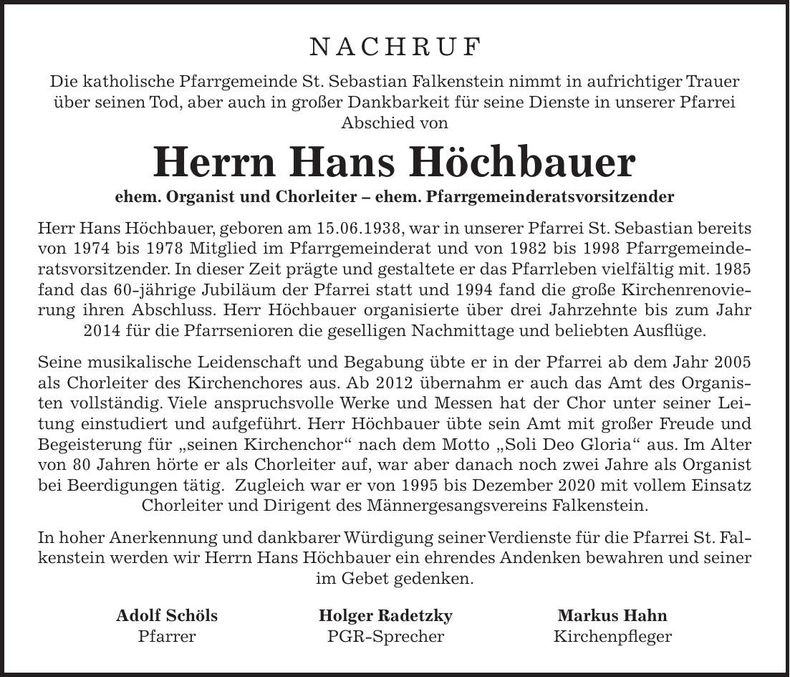 Traueranzeige Hans Höchbauer