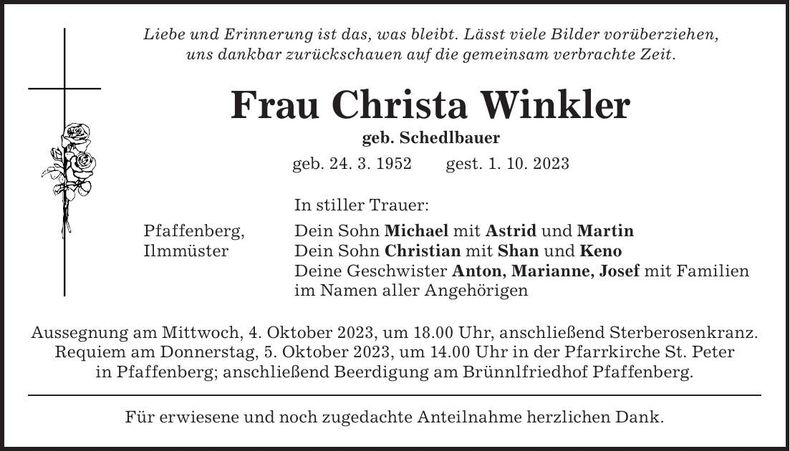 Traueranzeige Christa Winkler
