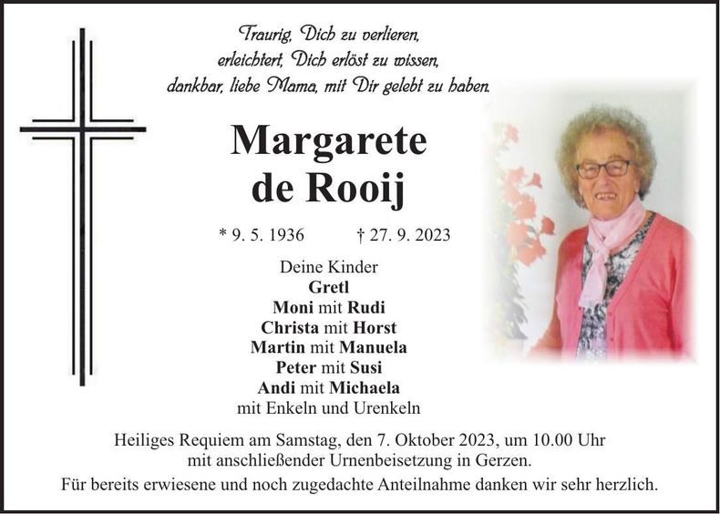 Traueranzeige Margarete De Rooij
