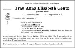 Traueranzeige Anna Elisabeth Gentz