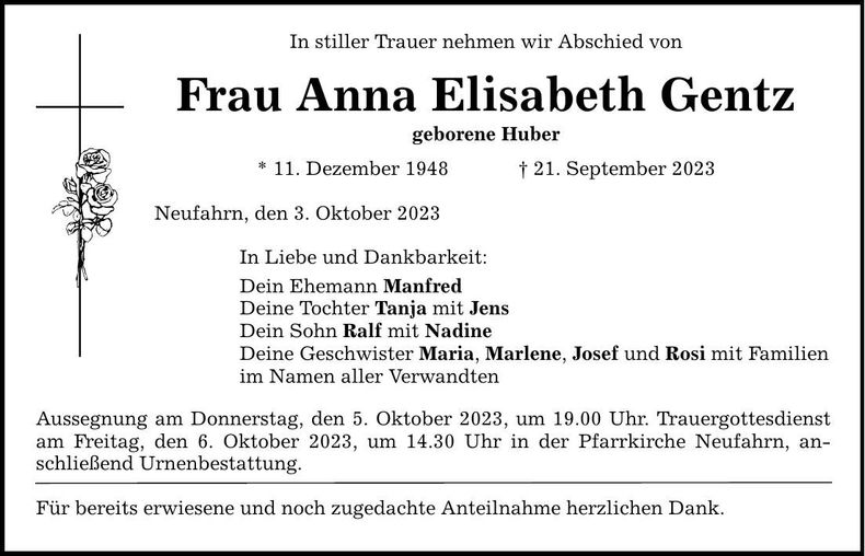 Traueranzeige Anna Elisabeth Gentz