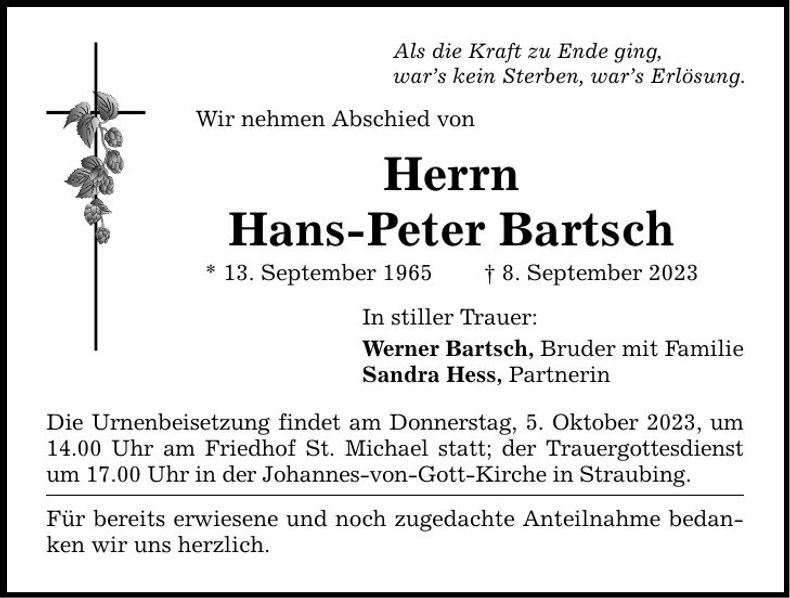 Traueranzeige Hans-Peter Bartsch