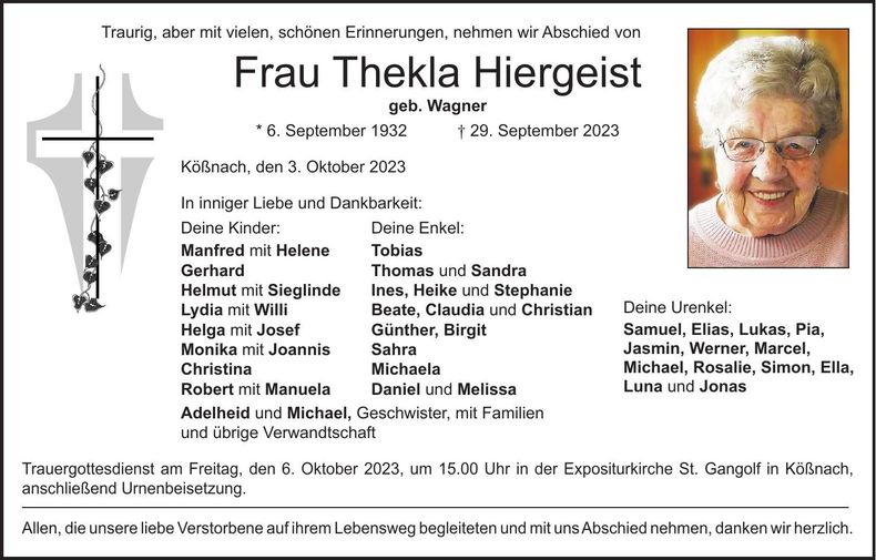Traueranzeige Thekla Hiergeist