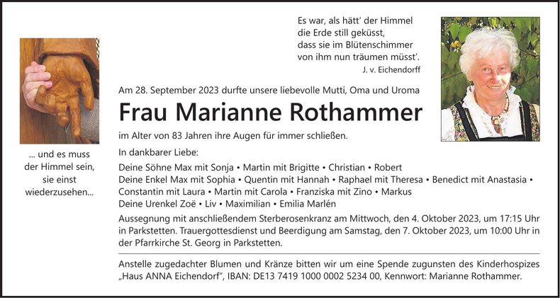 Traueranzeige Marianne Rothammer