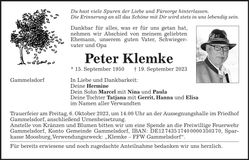 Traueranzeige Peter Klemke