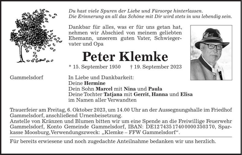 Traueranzeige Peter Klemke