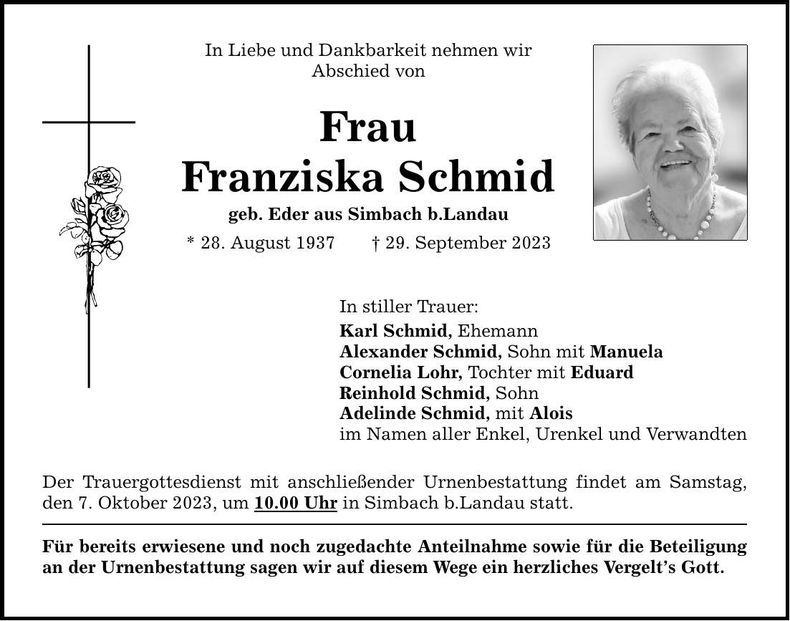 Traueranzeige Franziska Schmid