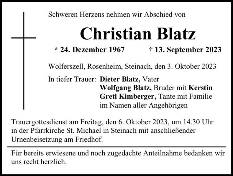 Traueranzeige Christian Blatz