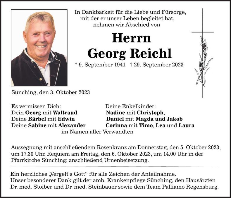 Traueranzeige Georg Reichl
