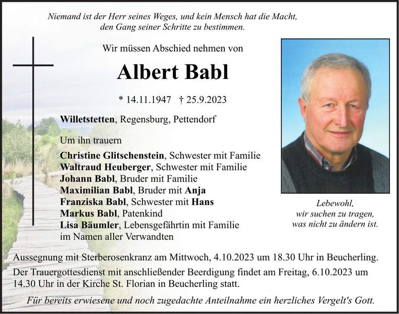 Traueranzeige Albert Babl