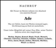 Traueranzeige Ade Wittenzellner