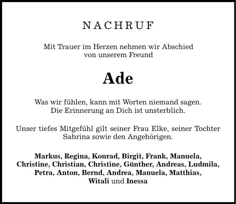 Traueranzeige Ade Wittenzellner
