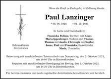 Traueranzeige Paul Lanzinger
