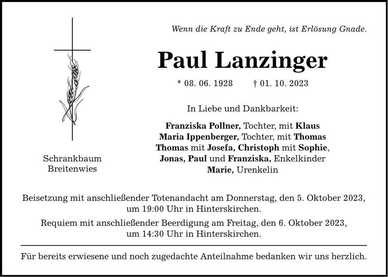 Traueranzeige Paul Lanzinger