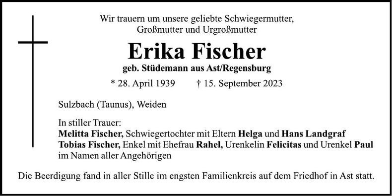 Traueranzeige Erika Fischer