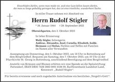 Traueranzeige Stigler Rudolf