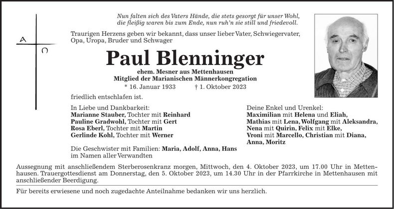 Traueranzeige Paul Blenninger