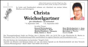Traueranzeige Weichselgartner Christa
