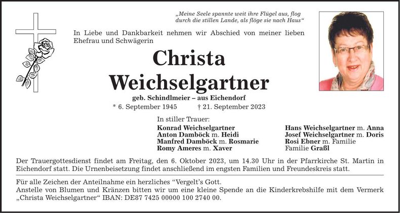 Traueranzeige Weichselgartner Christa