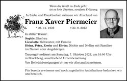 Traueranzeige Franz Xaver Piermeier