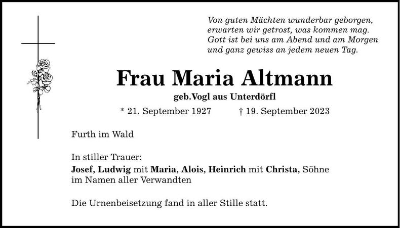 Traueranzeige Maria Altmann