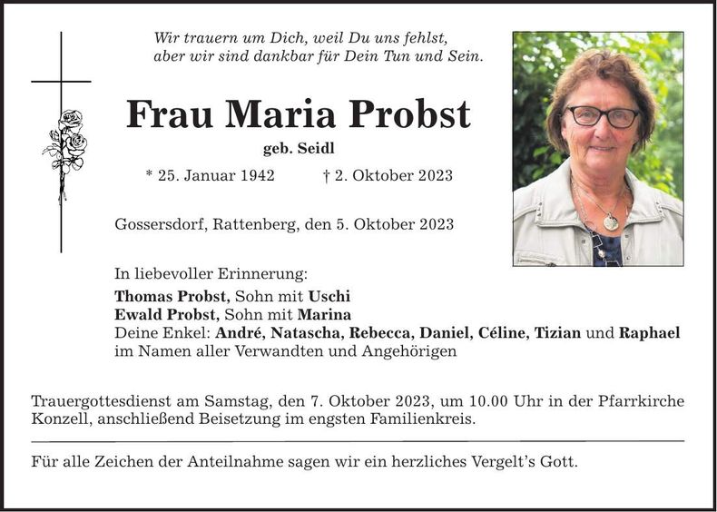 Traueranzeige Maria Probst