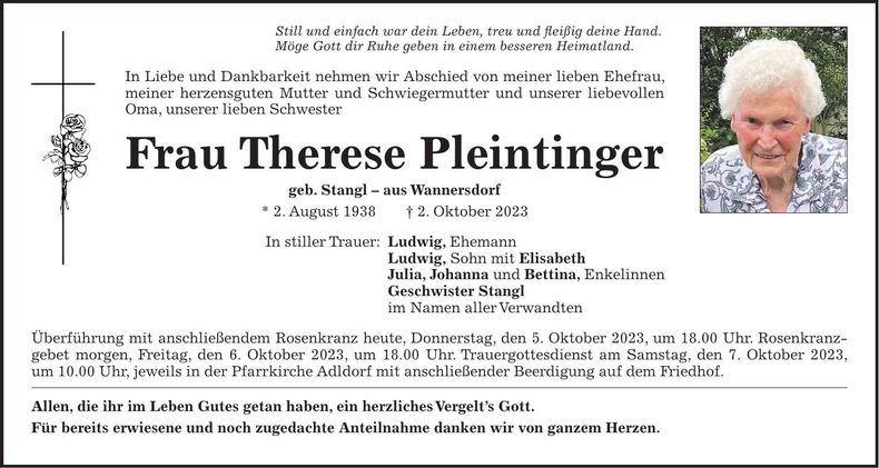 Traueranzeige Therese Therese Pleintinger