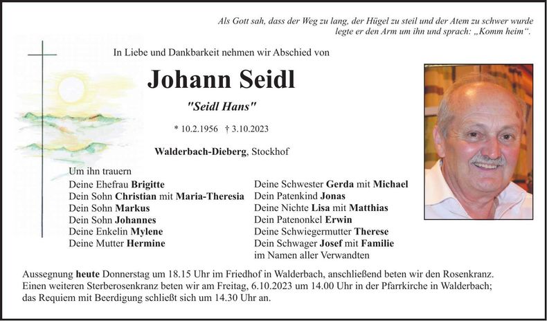 Traueranzeige Johann Seidl