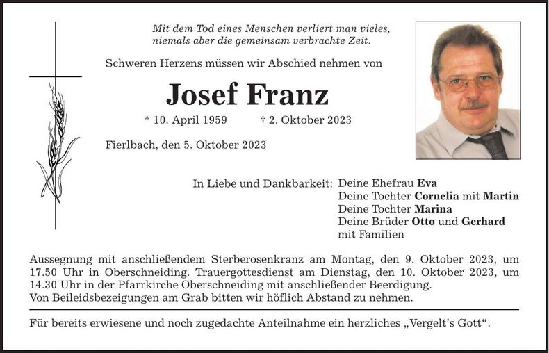 Traueranzeige Josef Franz
