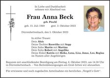 Traueranzeige Anna Beck