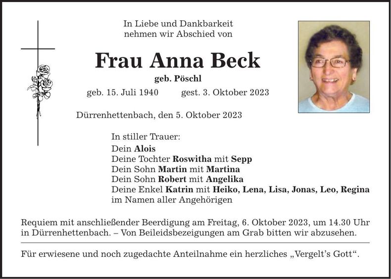 Traueranzeige Anna Beck