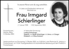 Traueranzeige Irmgard Schierlinger
