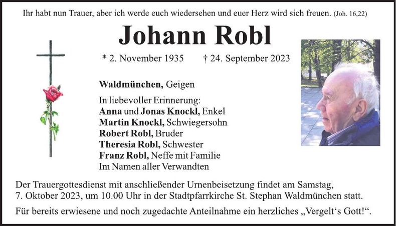 Traueranzeige Johann Robl