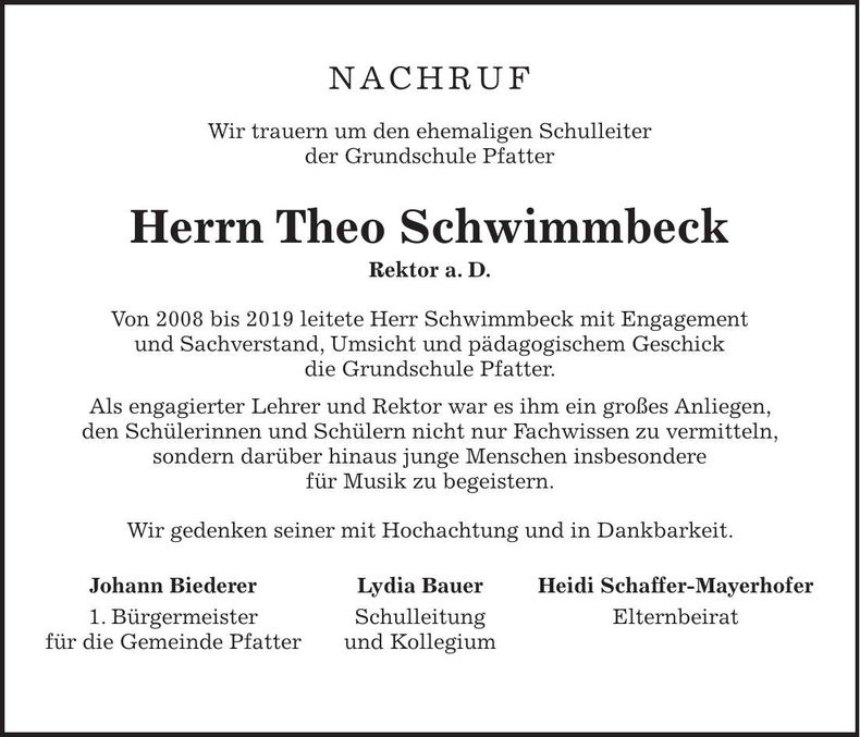 Traueranzeige Theo Schwimmbeck