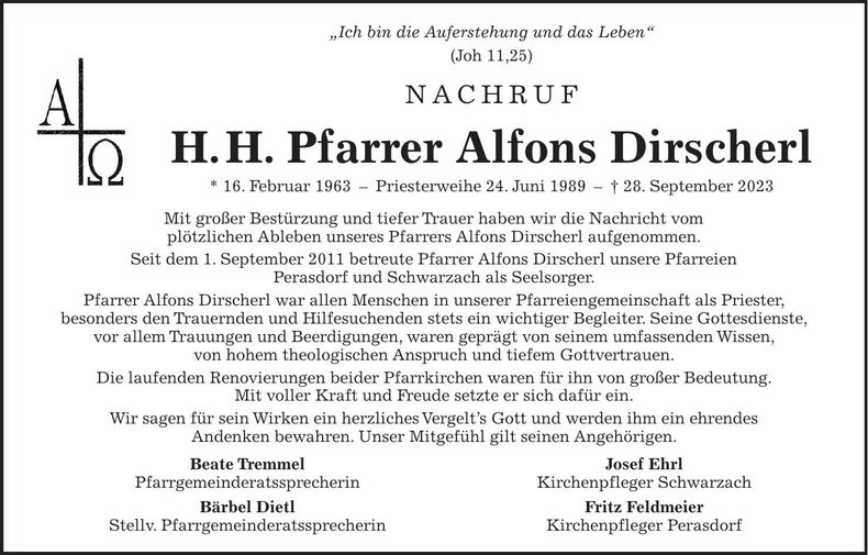Traueranzeige Alfons Dirscherl