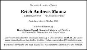 Traueranzeige Erich Andreas Maunz