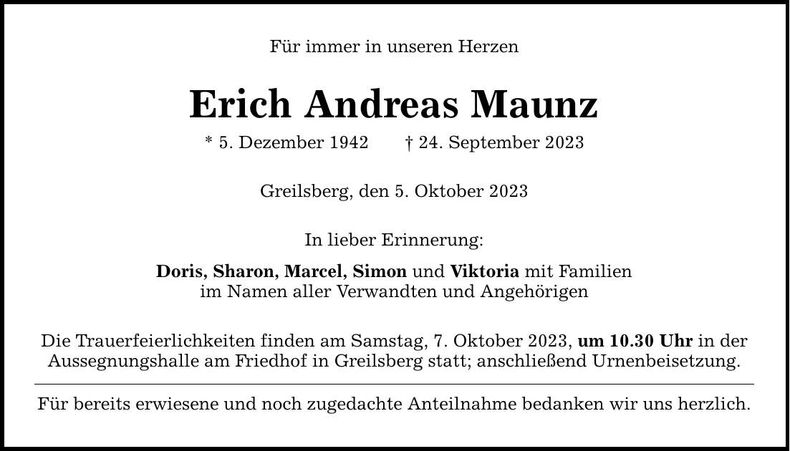 Traueranzeige Erich Andreas Maunz